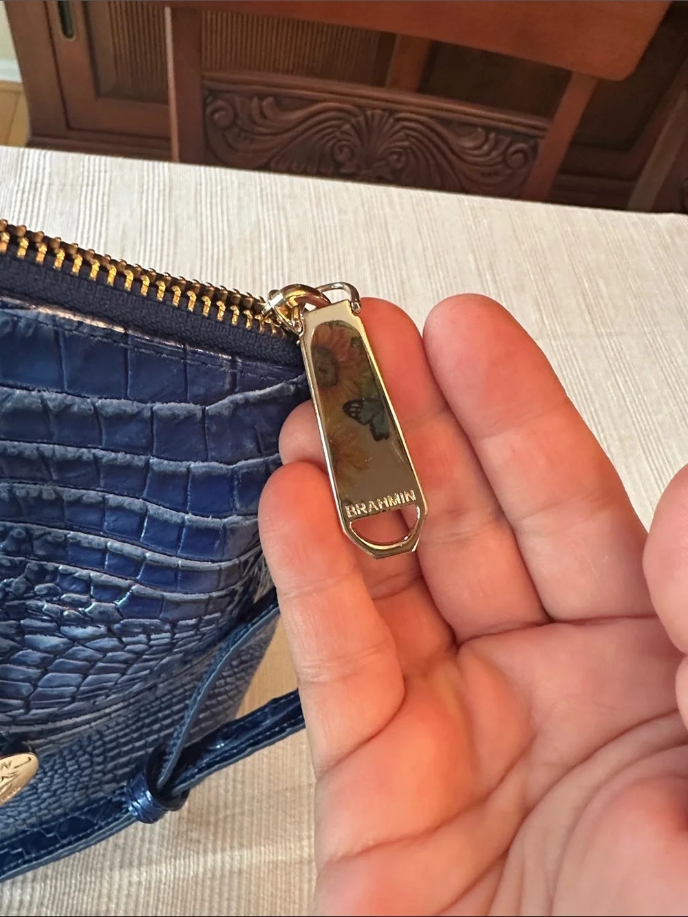 Brahmin large Duxbury blue with silver sheen mixed in  bag&wallet set